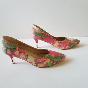 JinPin Pink, Yellow and Green Suede Heels ( size 41 or us 9.5)